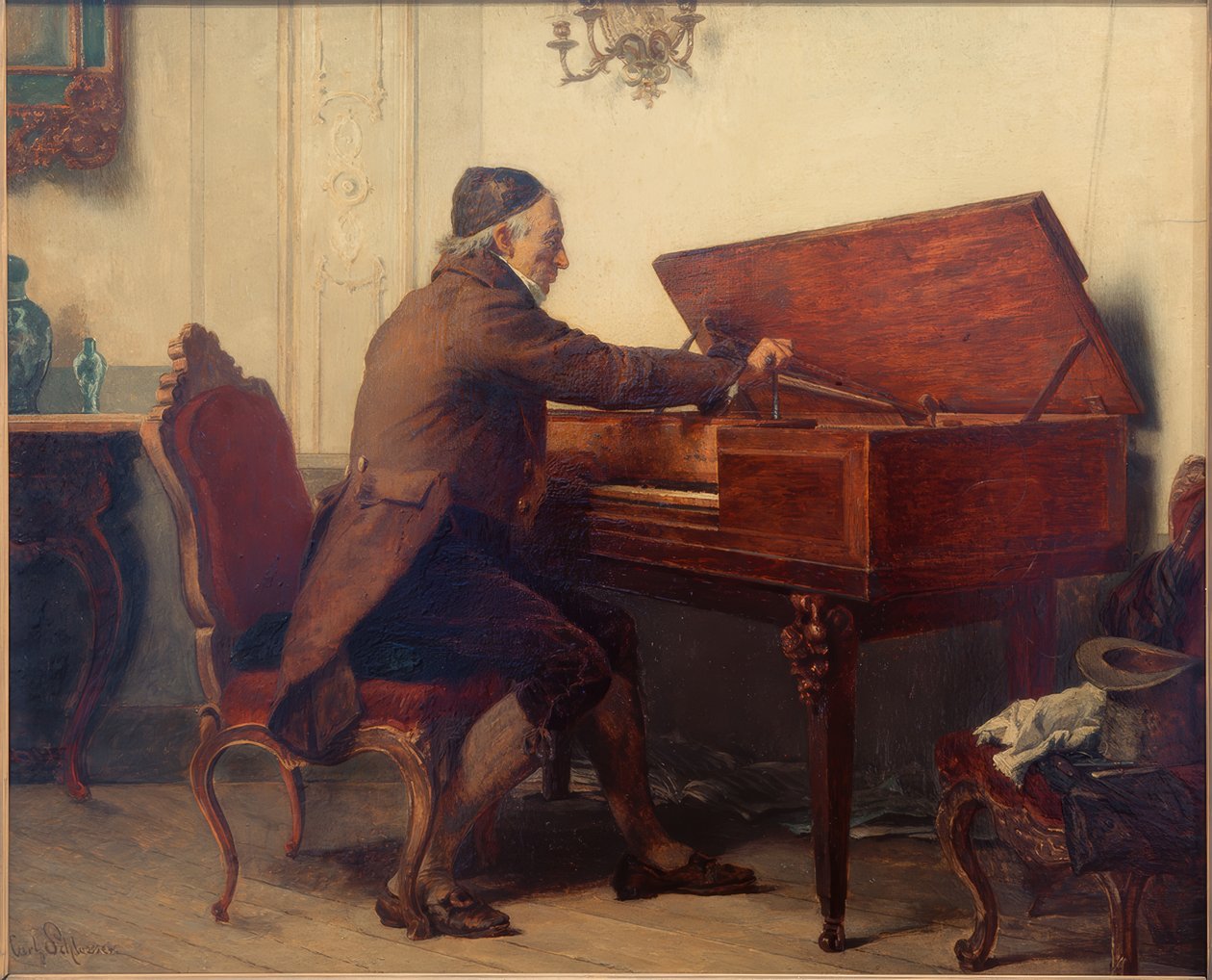 Mies pöydän ääressä piano tekijältä Carl Bernhard Schlösser
