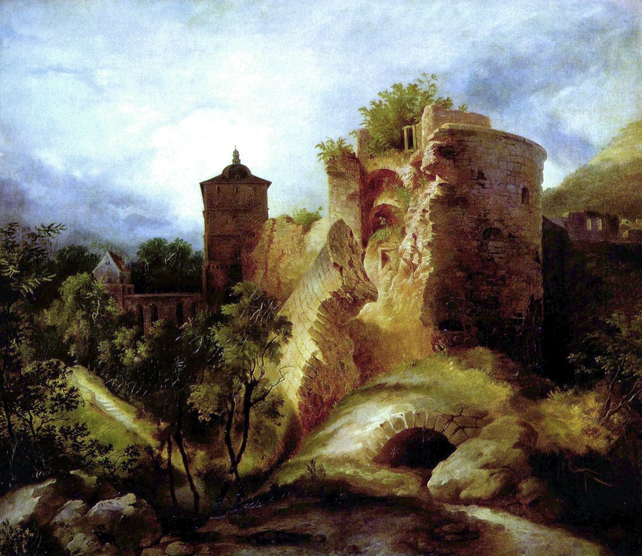 Saksa: Der gesprengte Turm des Heidelberger Schlosses Heidelbergin linnan räjäytetty torni. tekijältä Carl Blechen