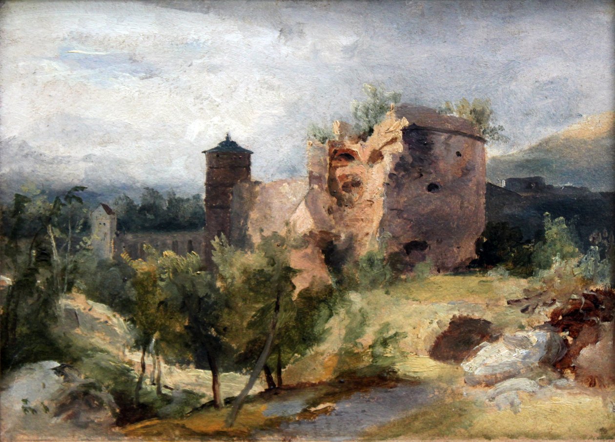 Saksa: Der zersprengte Turm des Heidelberger Schlosses Heidelbergin linnan särkynyt torni (saksaksi) tekijältä Carl Blechen