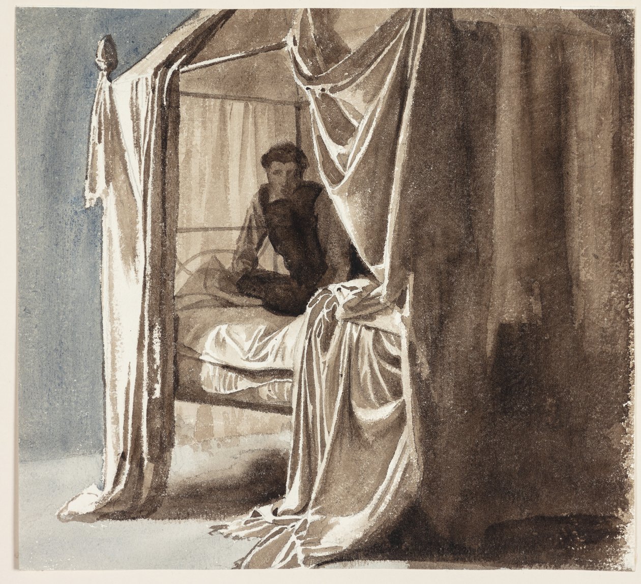 Sänky verhoilla. Tutkimus kuvaa "Niels Ebbesen ja kreivi Gert" varten, joka oli esillä 1868 tekijältä Carl Bloch