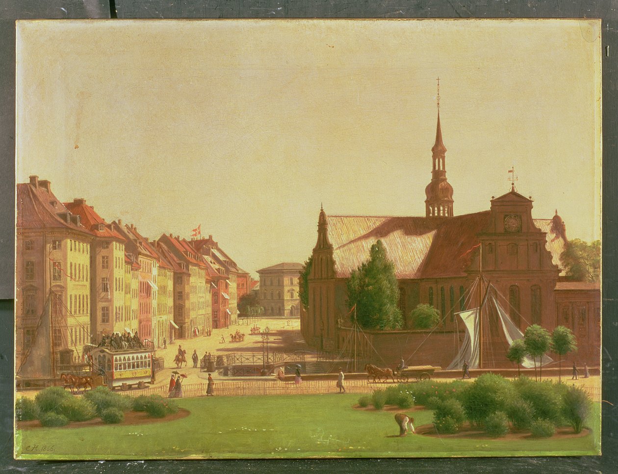 Palatsiaukio ja Holmens Kirke, ikkunasta Christiansborgin linnassa, Kööpenhaminassa, 1866 tekijältä Carl Christian Constantin Hansen