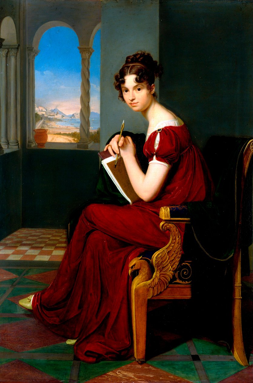 ""Nuoren naisen muotokuva piirustustyökaluilla" (Nuori nainen piirustusvälineineen) Carl Christian Vogel von Vogelsteinin (1788-1868) maalaus 1816 Öljy kankaalle Koko 70x48,5 cm Valtion taidegalleria, Dresden tekijältä Carl Christian Vogel von Vogelstein
