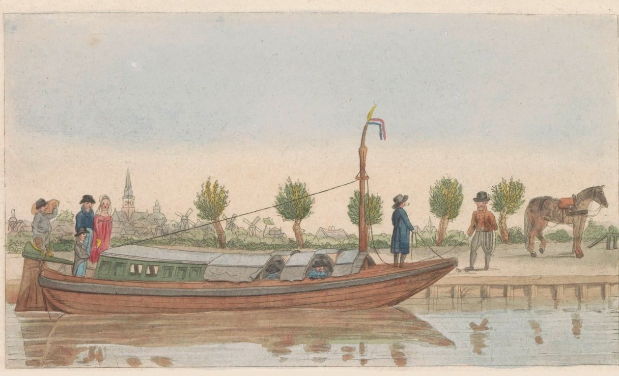 Hinausproomu, 1824 Een hollandsche trek tai Jaagschuit / Une barque de tracte, servante au transport de voyageurs et marchandises en hollande (otsikko esineessä) tekijältä Carl Cristiaan Fuchs