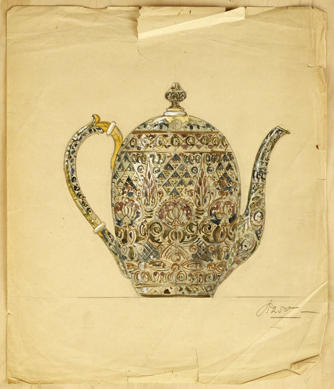 Suunnittelu munamaiseen hopeakullatun cloisonne-emaloidun kahvipannuun, House of Carl Faberge tekijältä Carl Fabergé