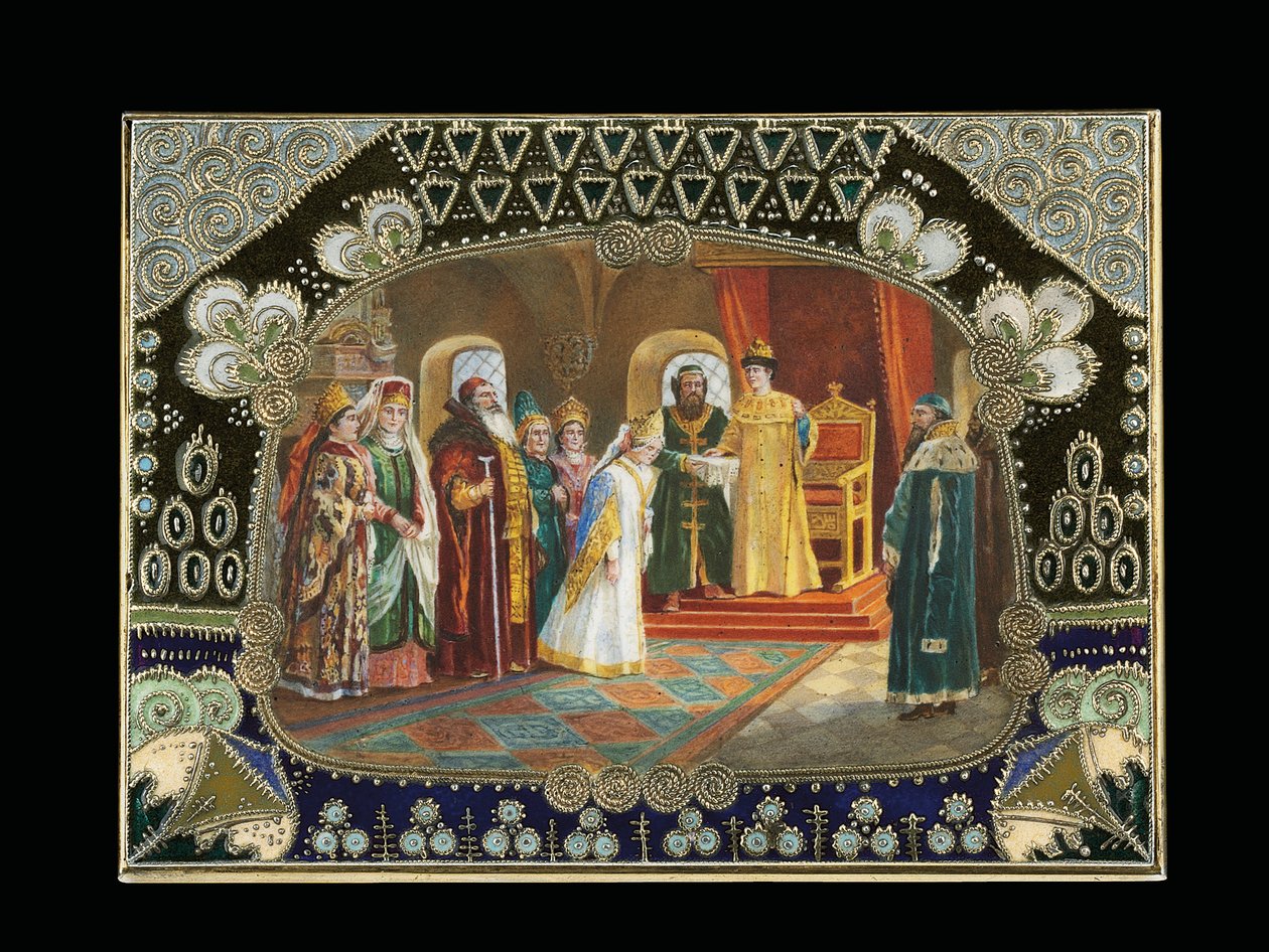 Yksityiskohta maalatusta pöytälaatikosta, jossa tsaari Aleksei Mihailovitš valitsi morsiamen, n. 1908-1917 tekijältä Carl Fabergé