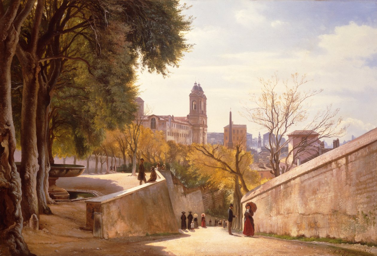 Näkymä Viale Trinità dei Montille, jossa on Villa Medicin suihkulähde, katsottuna Via di San Sebastianellolta, Rooma tekijältä Carl Frederick Aagaard