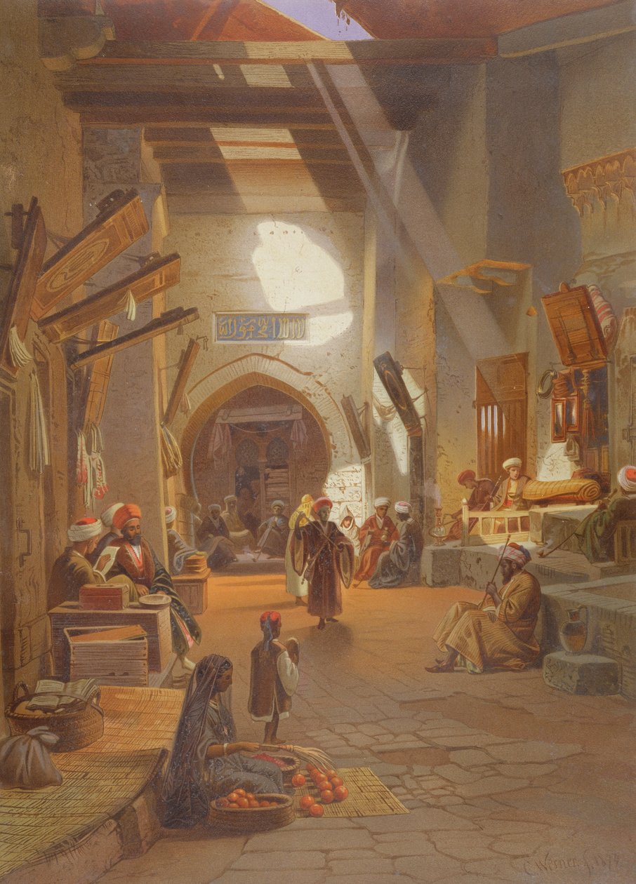 Bazaar at Girgah, yksi 24 kuvituksesta, jonka on tuottanut G.W. Seitz, painettu n. 1873 tekijältä Carl Friedrich Heinrich Werner