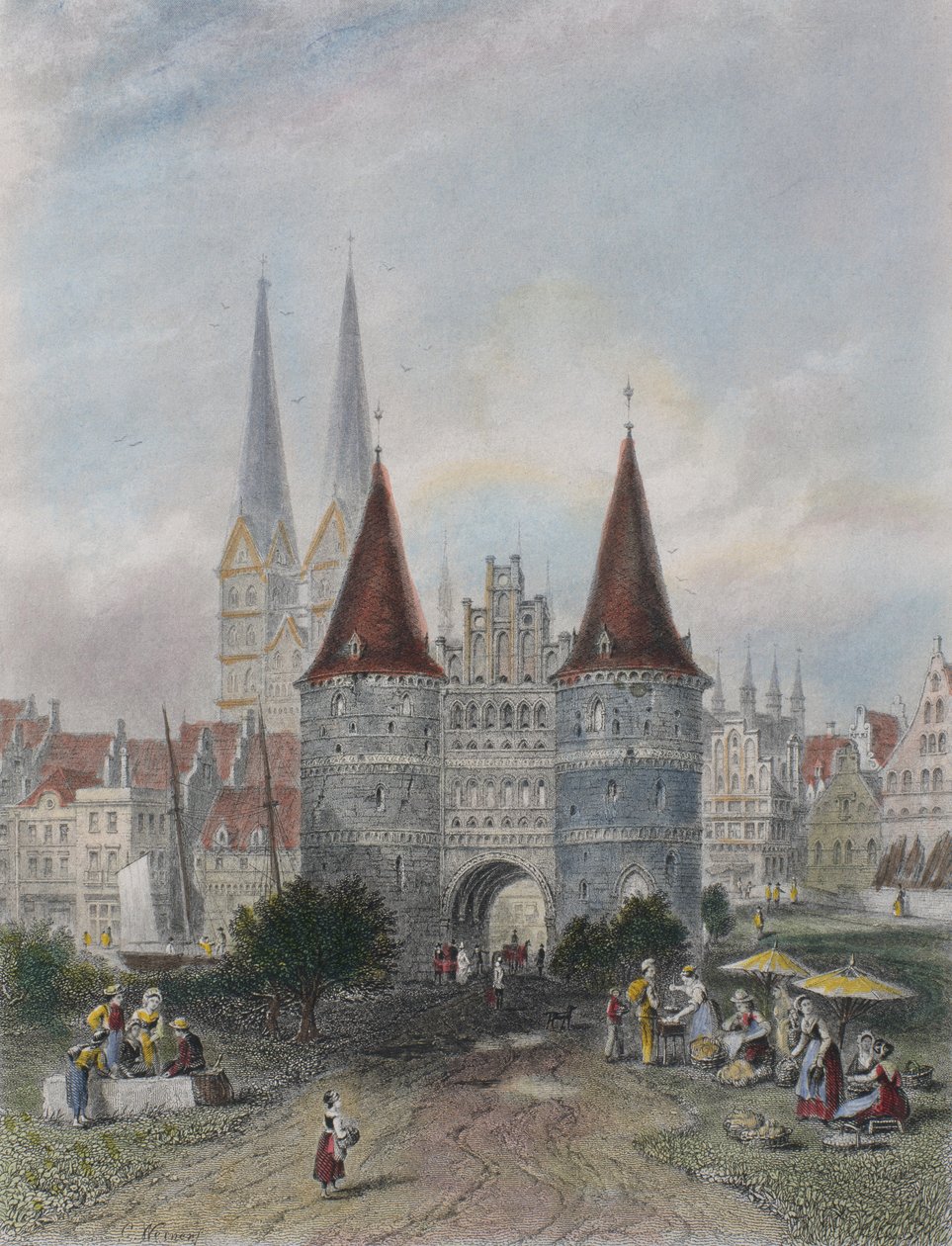Holstenin portti Lyypekkiin, kaiverrus John Godfrey (1817-89) (värikaiverrus) tekijältä Carl Friedrich Heinrich Werner