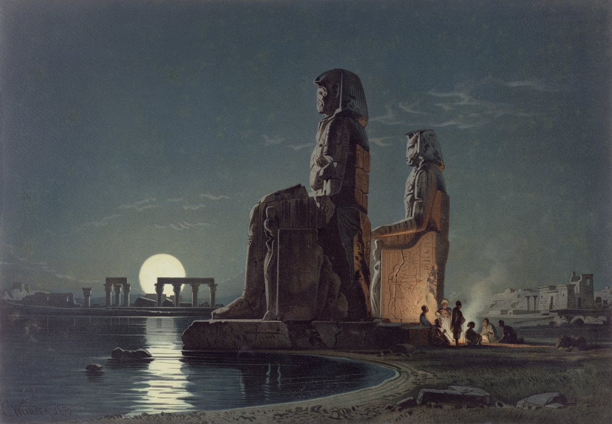 The Colossi of Memnon, Thebes, yksi 24 kuvituksesta, jonka on tuottanut G.W. Seitz, painettu n. 1872 tekijältä Carl Friedrich Heinrich Werner