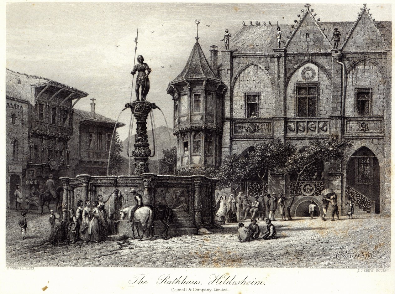 Rathhaus, Hildesheim, kaiverrettu J.J. Crew, painanut Cassell und Company Ltd tekijältä Carl Friedrich Heinrich Werner