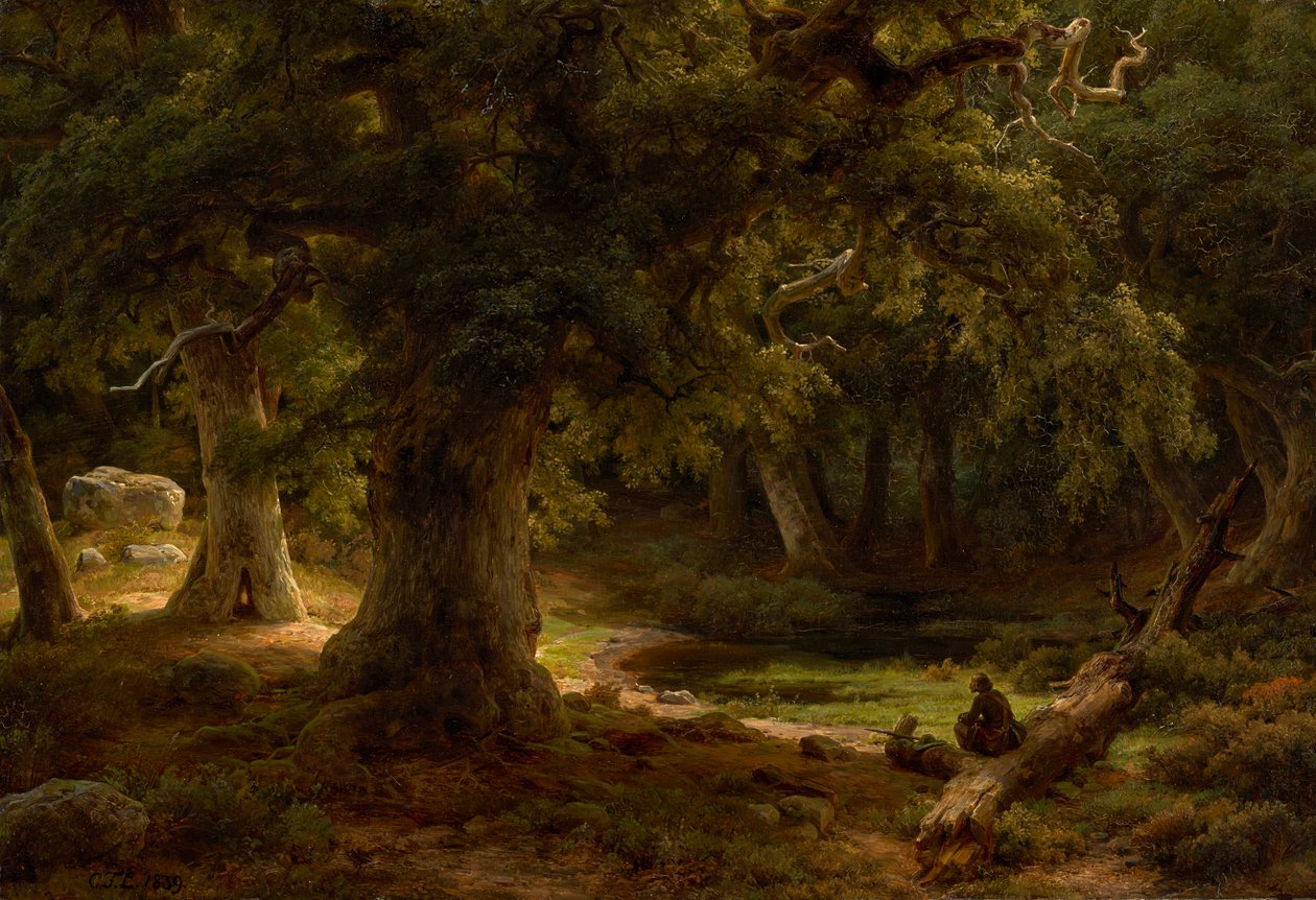 Tammimetsä ja lepäävä metsästäjä tekijältä Carl Friedrich Lessing