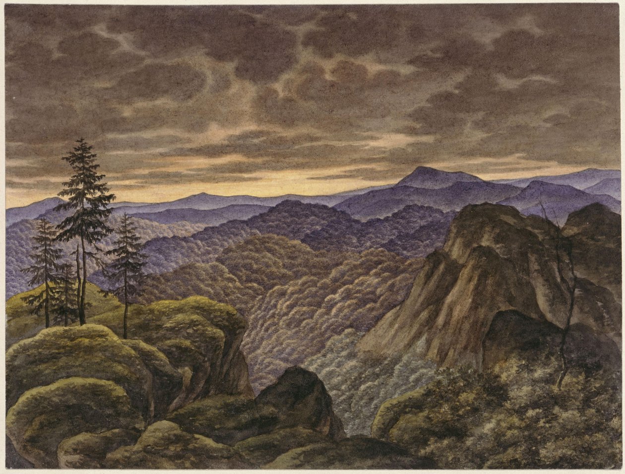 Vuoristomaisema auringonlaskun aikaan tekijältä Carl Friedrich Lessing