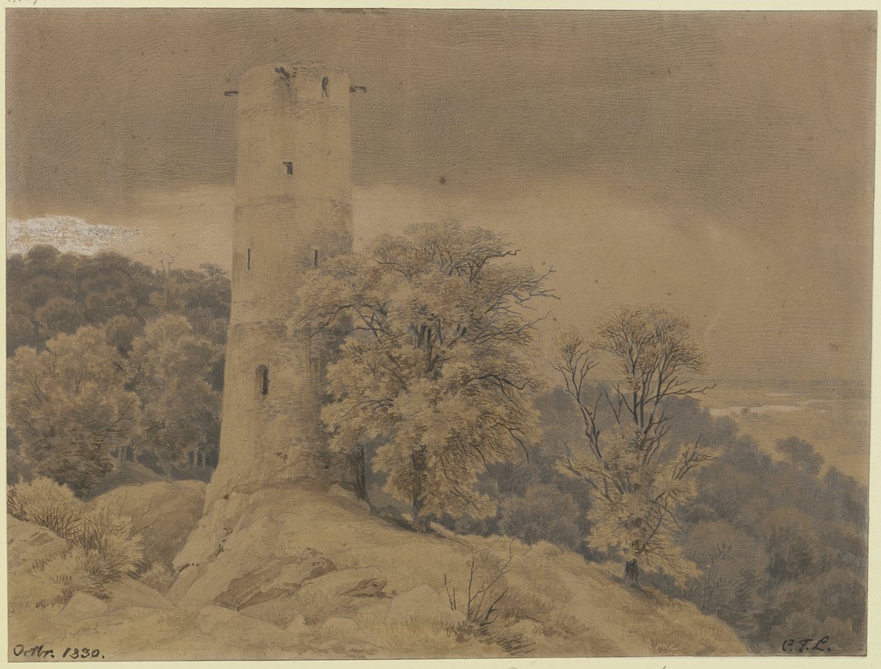 Metsämaisema ja vartiotorni tekijältä Carl Friedrich Lessing