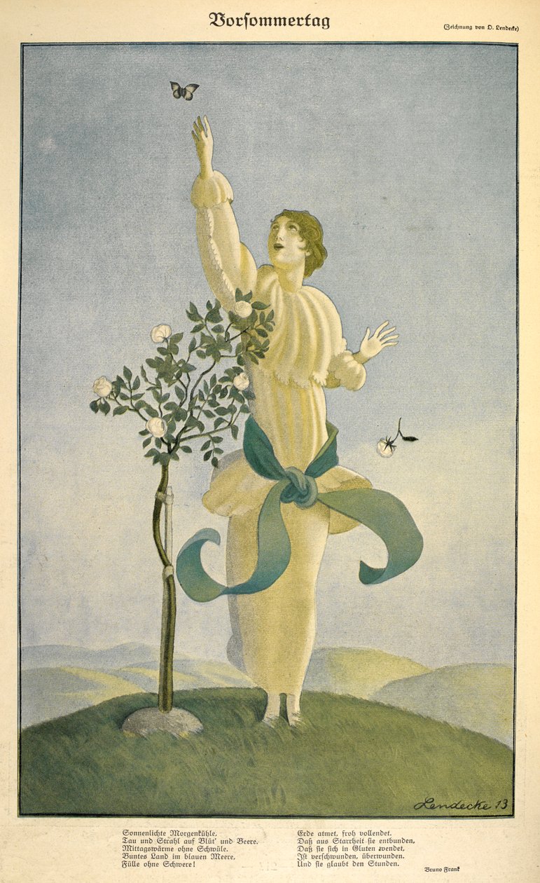 Piirustus runoon "Vorsommertag": . Piirustus runoon "Vorsommertag". Nainen kurkottaa perhosta. tekijältä Carl Friedrich Otto Lendecke