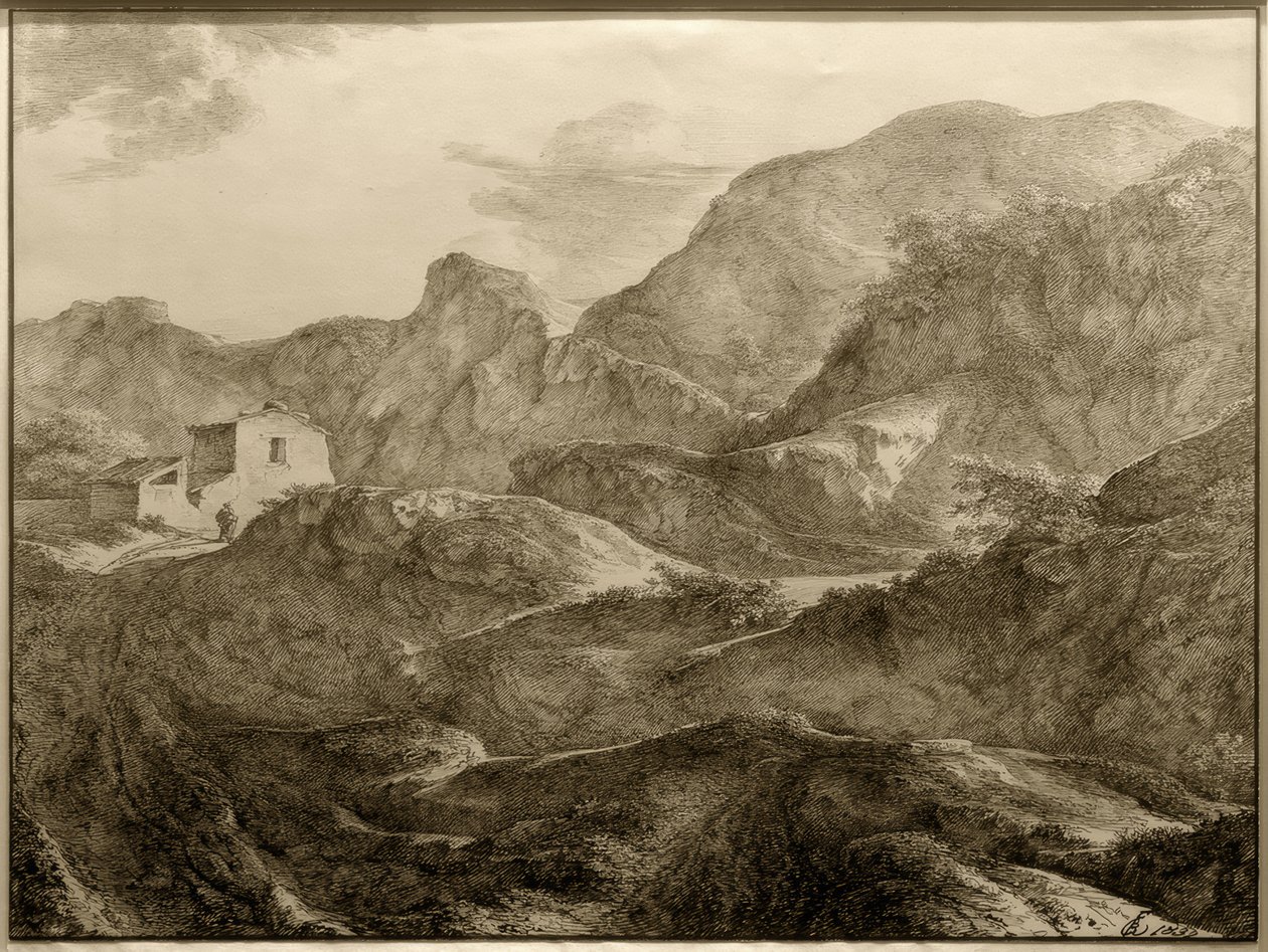 Gebirgslandschaft, links ein Haus mit einem Wanderer davor tekijältä Carl Friedrich von Rumohr