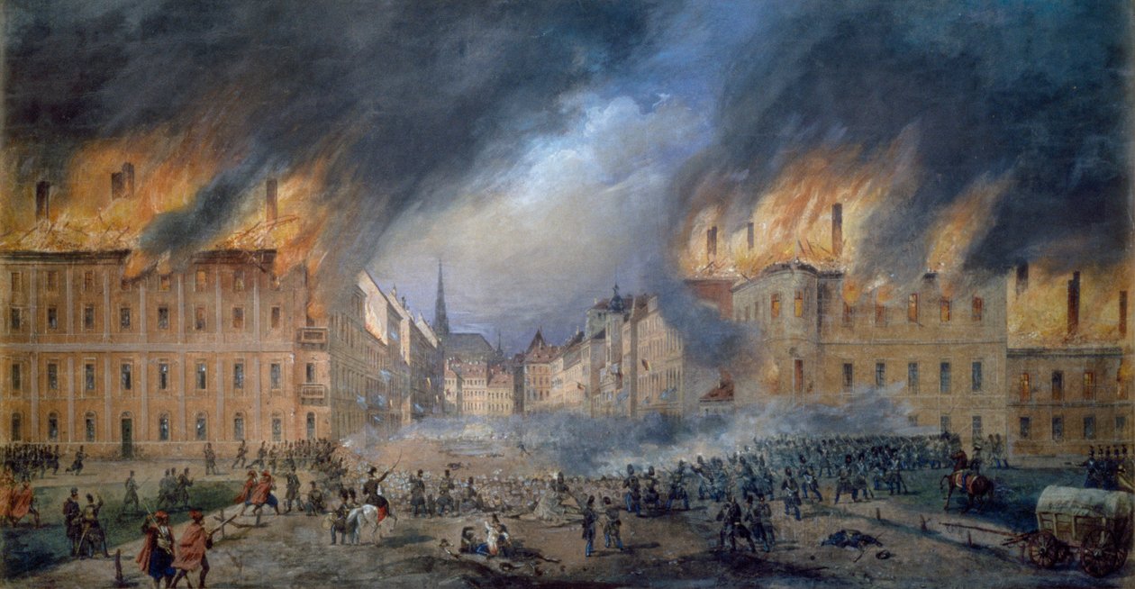 Bătălia de la Sternbarrikade în Jagerzeile pe 28 octombrie 1848, revoluție la Viena, incendiu în oraș, pictură de Carl Goebel (1824-1899), austriac finlandez tekijältä Carl Goebel