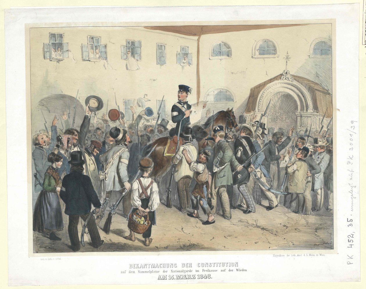 Perustuslain julistus kansalliskaartin kokoontumispaikalla Freihausissa Wiedenillä 15. maaliskuuta 1848 (värillinen litografia). tekijältä Carl Goebel