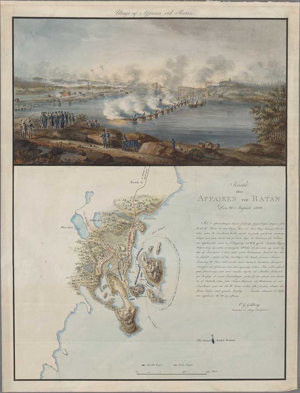 Näkymä ja kartta tapauksesta Ratanissa, 20. elokuuta 1809, 1809 tekijältä Carl Gustaf Gillberg