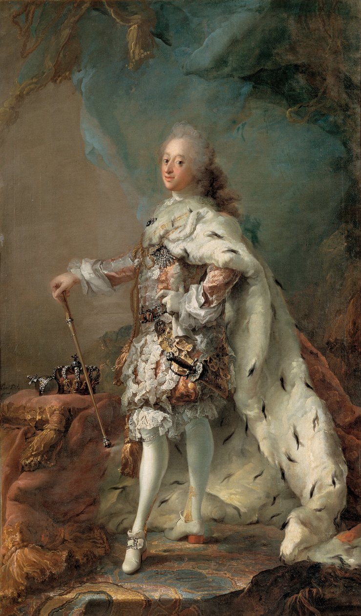 Frederik V:n muotokuva 1723-1766 voiteluvaatteessa, n. 1750 tekijältä Carl Gustaf Pilo