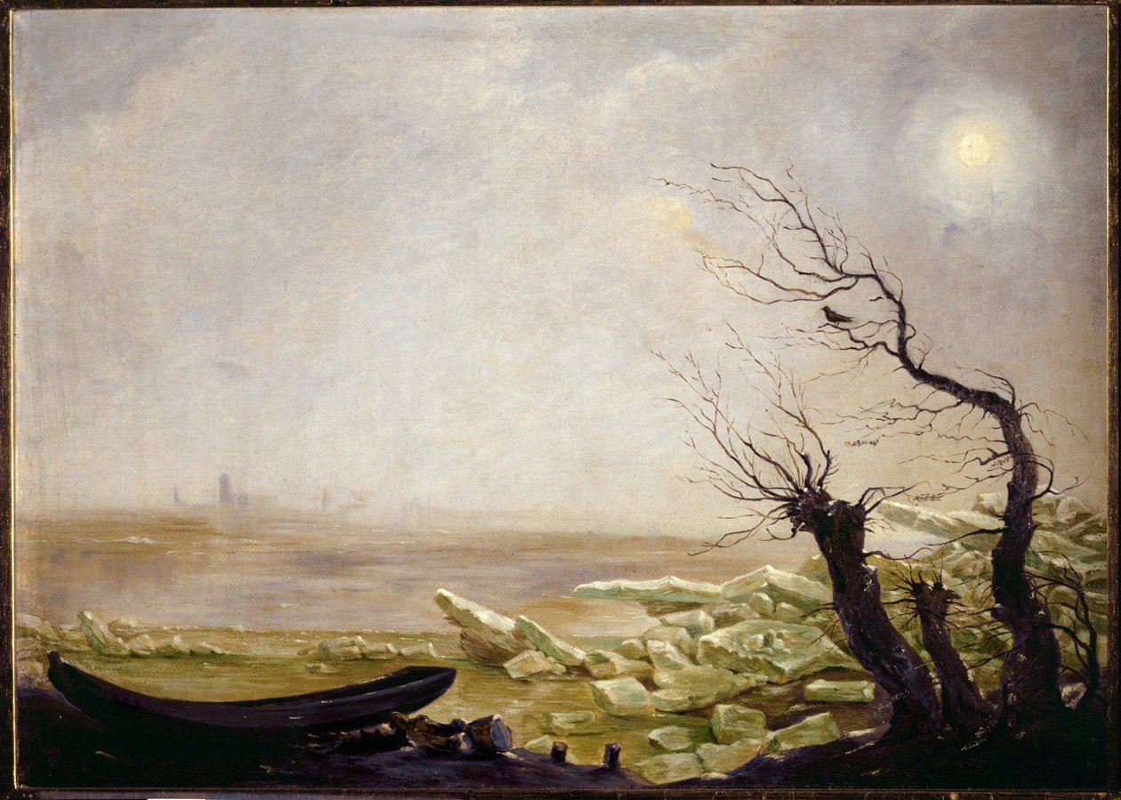 Jäälautoille jäänyt vene (öljy kankaalle) tekijältä Carl Gustav Carus