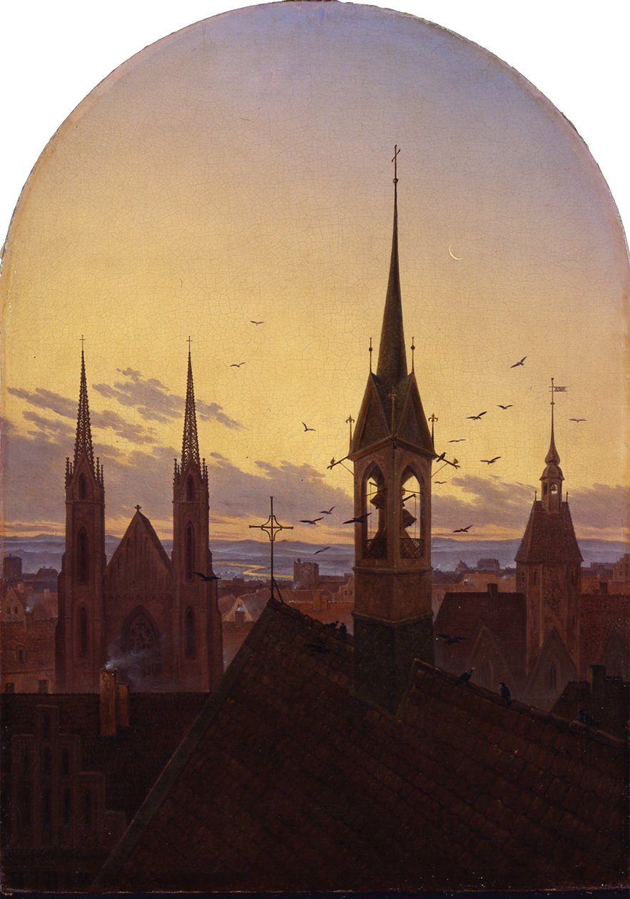 Saksa: Frühläuten (Altdeutsche Stadt im Frühlicht) Aamun soitto (Vanha saksalainen kaupunki aamuvalossa) tekijältä Carl Gustav Carus
