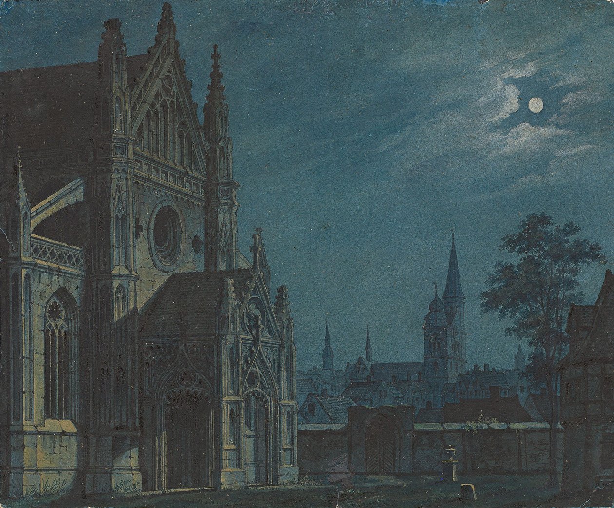 Saksa: Kuunvalo goottilaisen kirkon sisäpihalla / Forecourt of a Gothic church by moonlight (goottilaisen kirkon sisäpiha kuunvalossa) tekijältä Carl Gustav Carus