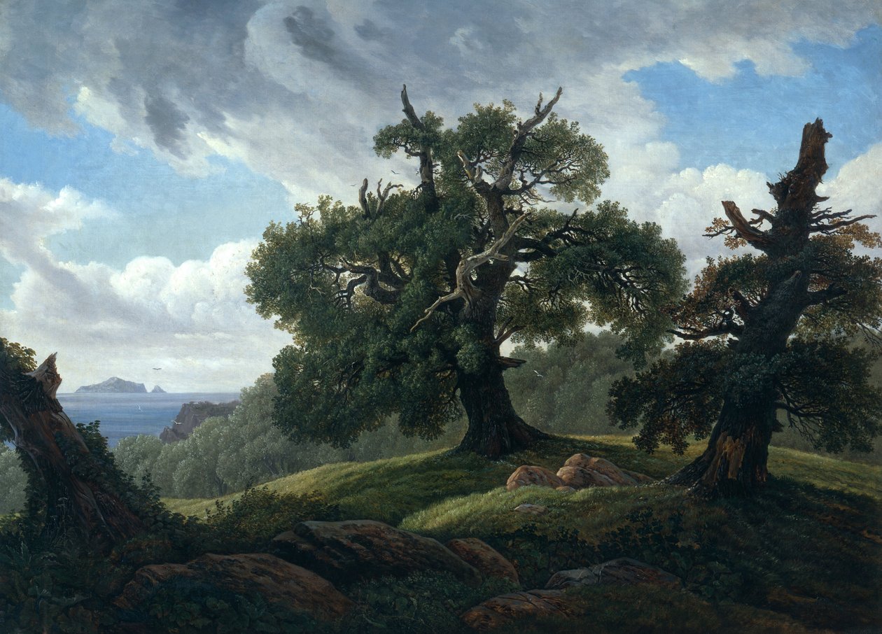 Itämeren metsäisen saaren muisto Tammipuut meren rannalla, 1835 tekijältä Carl Gustav Carus
