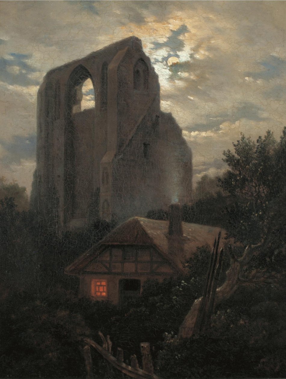 Eldenan luostarin rauniot ja mökki lähellä Greifswaldia Moonlightissa, 1820 tekijältä Carl Gustav Carus