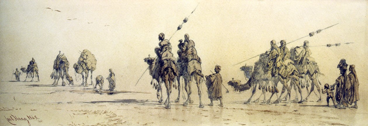 Beduiinien karavaani lähestyy kaivoa autiomaassa, 1868 (kynä ja pesu paperille) tekijältä Carl Haag