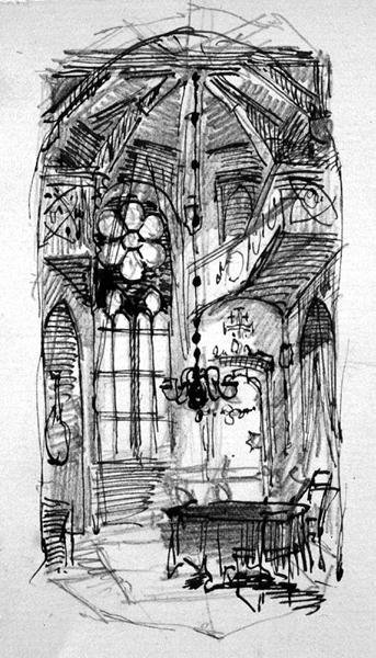 Luonnos taiteilijan Oberwesel-studiosta (kynä ja muste ja kynä paperille) tekijältä Carl Haag