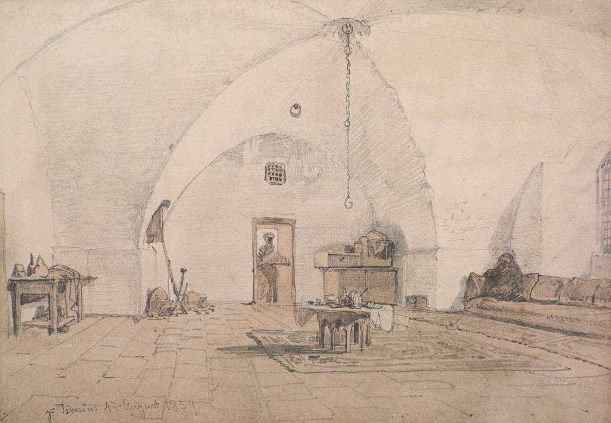 Sisustus Tiberiasta, 1859 (lyijykynä ja pesu paperille) tekijältä Carl Haag