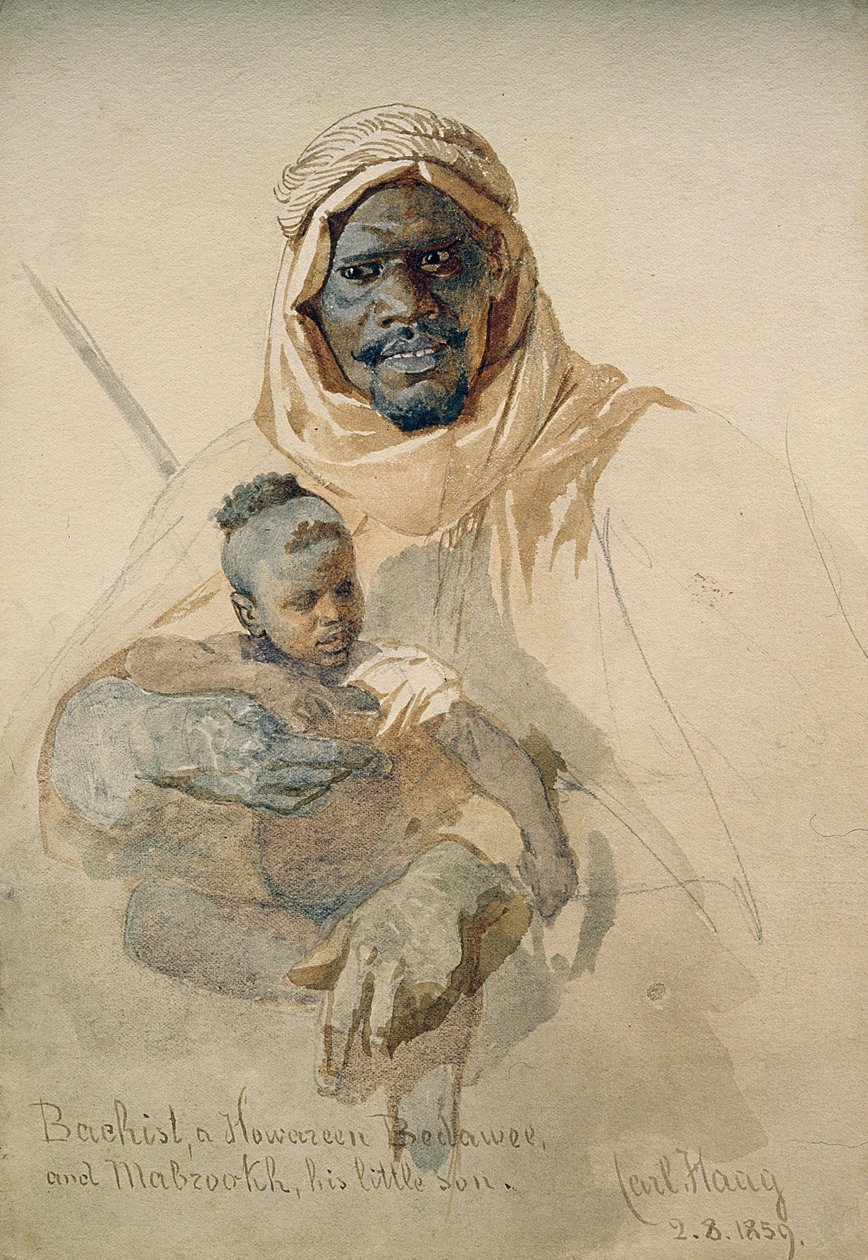 Bachist, Howazeen Bedawee ja Mabzookh, hänen pieni poikansa, 1859 (kynä ja wc-pesu paperilla) tekijältä Carl Haag
