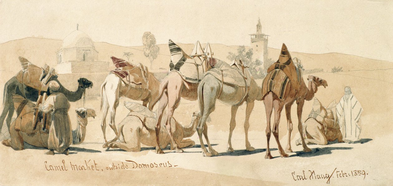 Camel Market Outside Damascus, 1859 (lyijykynä ja pesu paperille) tekijältä Carl Haag