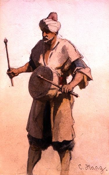 Drum Beater in the Marriage Procession, Kairo (akvarelli paperille) tekijältä Carl Haag