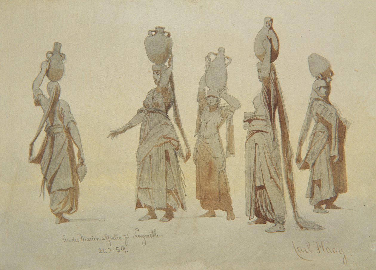 Naarasvesikannet, Nasaret, 1859 (kynä ja pesu paperille) tekijältä Carl Haag