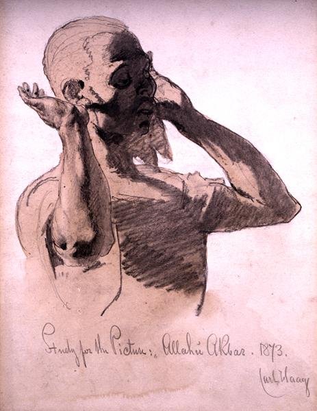 Figuuri Rukoilee, tutkielma kuvaa varten, Allahu Akbar, 1873 (kynä ja akvarellipesu paperille) tekijältä Carl Haag