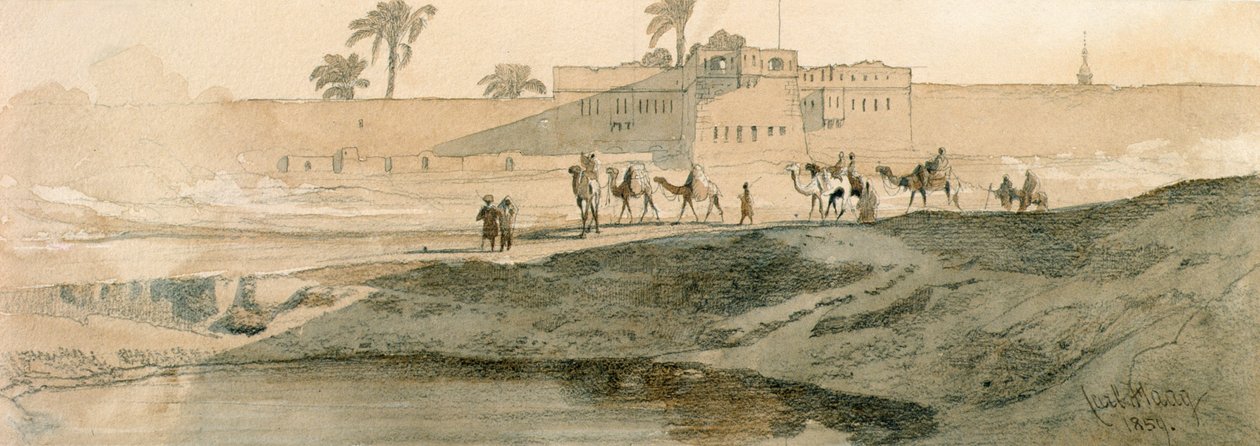 Ulkopuolella Bab il Cadit, Kairo, 1859 (kynä ja pesu paperille) tekijältä Carl Haag