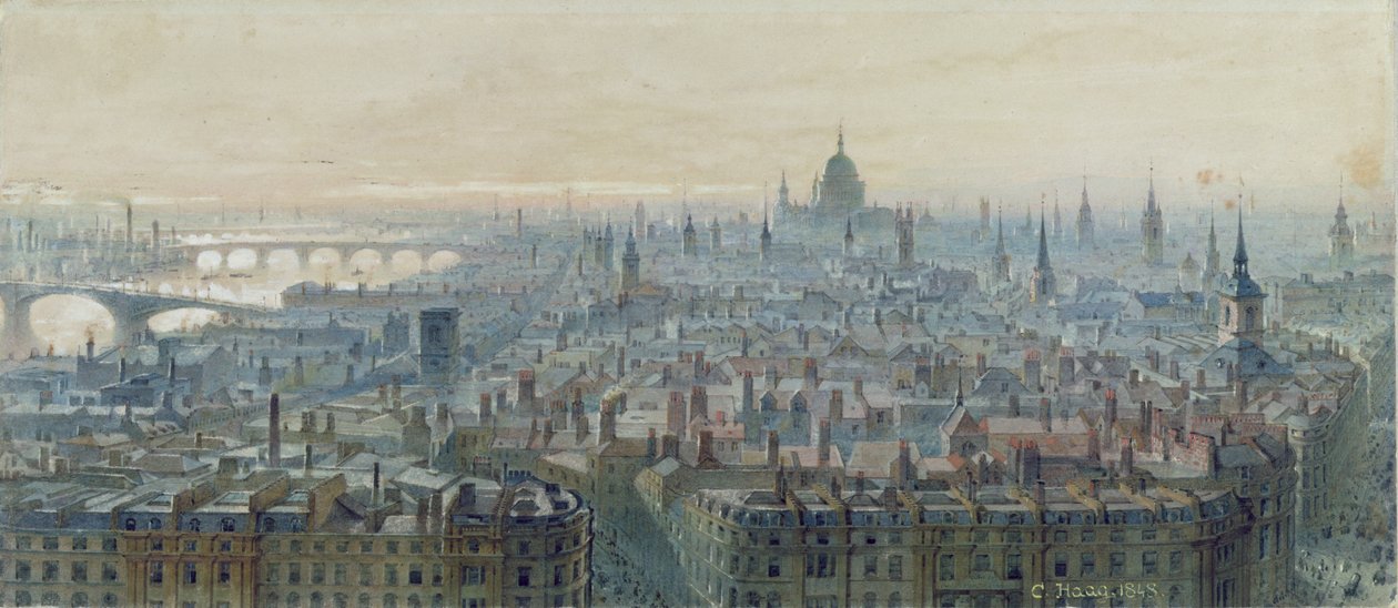 Lontoon panoraama monumentin huipulta, katsoen länteen, 1848 tekijältä Carl Haag