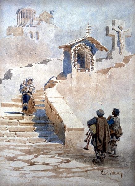 "Pifferari in Tivoli" (akvarelli paperille) tekijältä Carl Haag