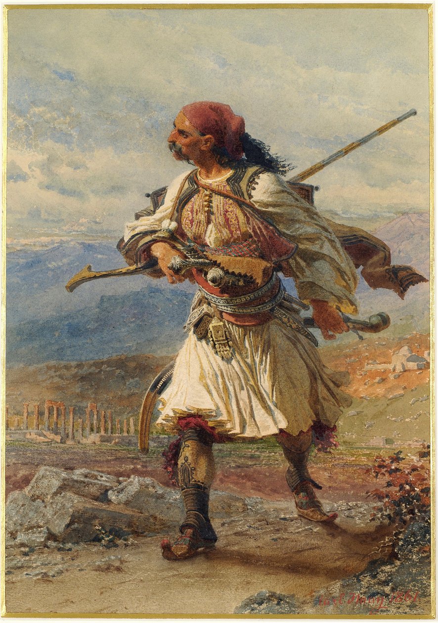 Muotokuva Armatolesta, kreikkalaisesta soturista, Kreikan vapaussodan aikana (1821-1830) - Carl Haagin (1820-1915) työ, akvarelli ja guassi paperille (35x25 cm) tekijältä Carl Haag