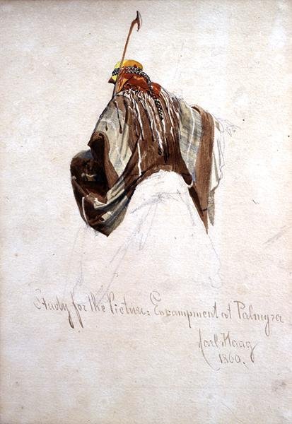 Tutkimus "Campment at Palmyra", hahmon yläosa kamelin selässä tekijältä Carl Haag