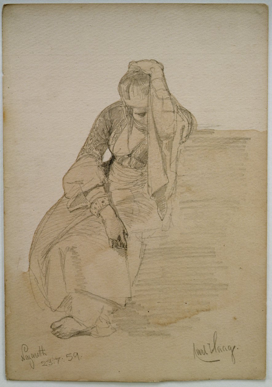 Tutkimus istuvasta naisesta, Nasaret, 1859 (lyijykynä ja pesuvesi paperille). tekijältä Carl Haag