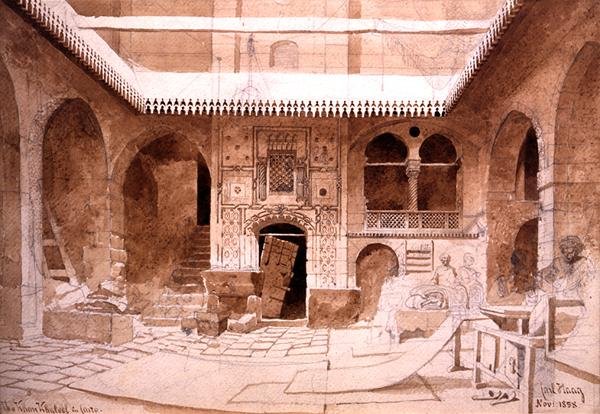 Chan Chaleel -mattobasaari Kairossa, 1858 (kynä ja ruskea pesu paperille) tekijältä Carl Haag