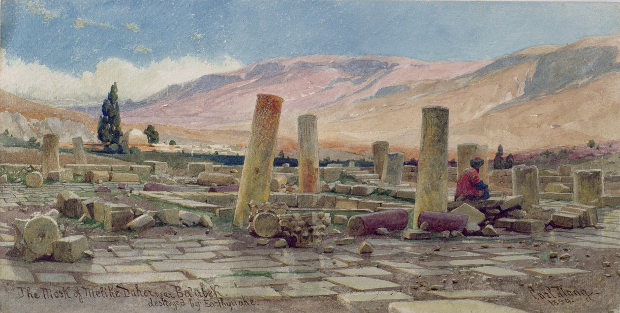 Meliken moskeija lähellä Baalbekia tuhoutui maanjäristyksessä, 1859 tekijältä Carl Haag