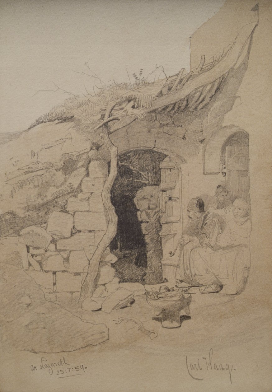 Kolme hahmoa istumassa talon ulkopuolella, Nasaret, 1859 (lyijykynä ja pesu paperille) tekijältä Carl Haag