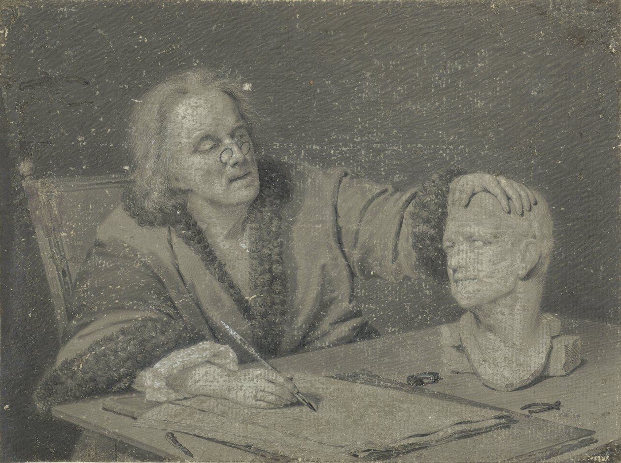 Valmistelija luonnostelee kipsipäätä tekijältä Carl Heinrich Mylius