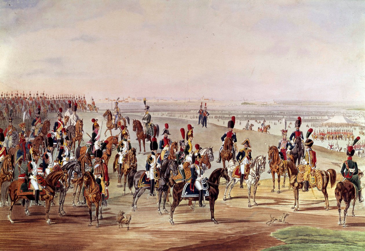 Yleiskuva ranskalaisesta ratsuväestä, noin 1809 Kuvitus Carl-Heinrich Rahl (1779-1843) Wilhem von Kobellin (1766-1855) mukaan. Himmeä. 0,49x0,7 m. Pariisi, Musee de l