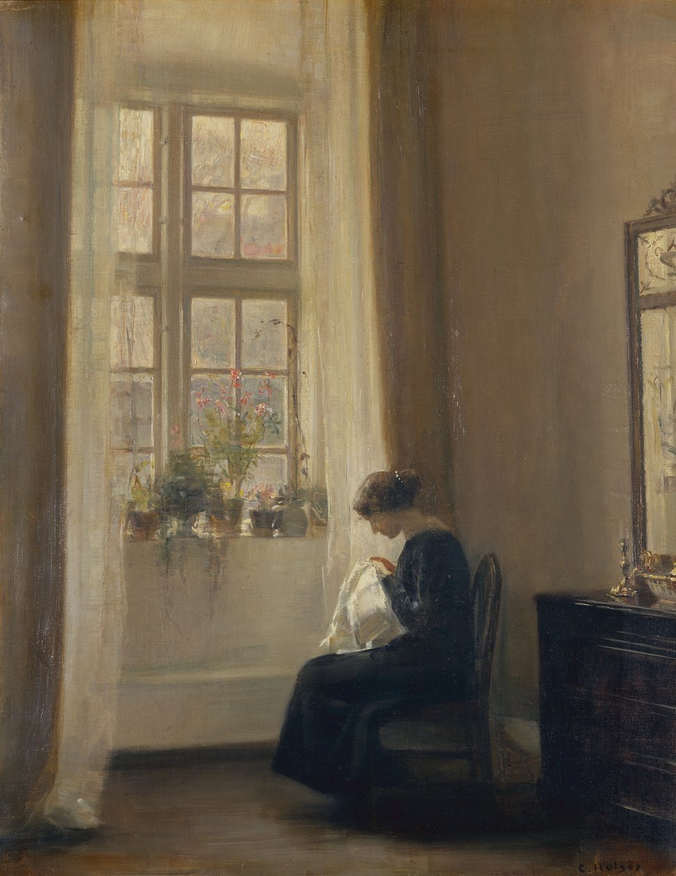Tyttö ompelee sisätiloissa (öljy kankaalle) tekijältä Carl Holsoe