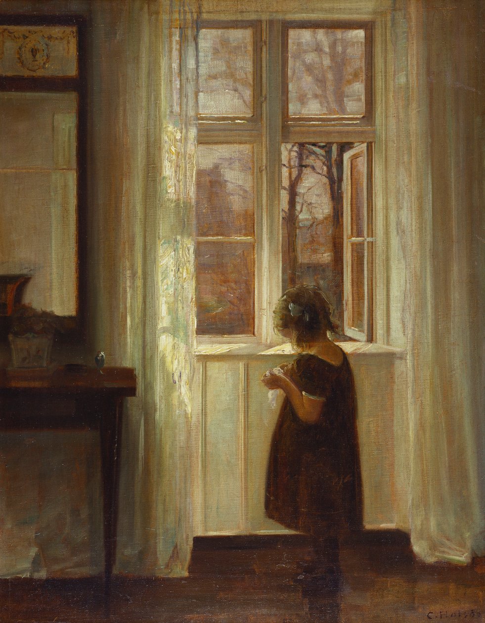 Tyttö seisoo ikkunalla (öljy kankaalle) tekijältä Carl Holsoe