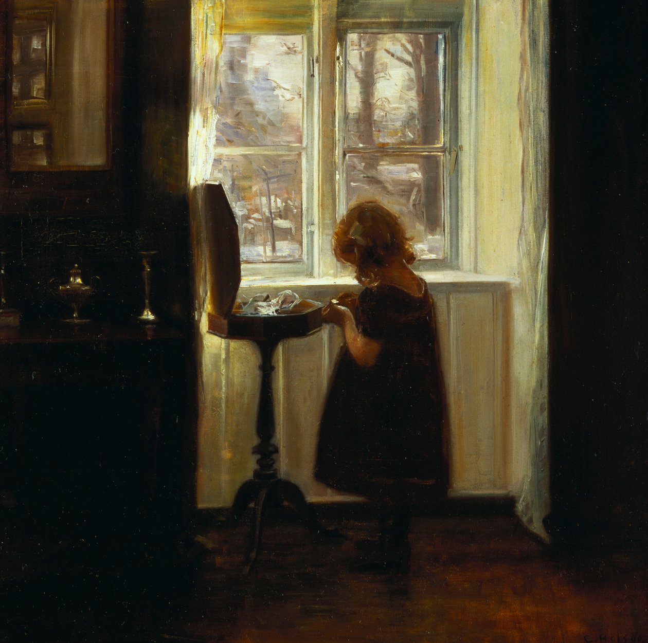 Tyttö seisoo ompelupöydän ääressä (öljy kankaalle) tekijältä Carl Holsoe